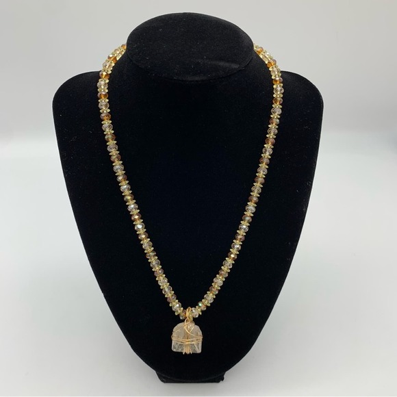 Beaded Brown & Gold Tone Necklace with Gemlike Crystal Pendant - Picture 4 of 10